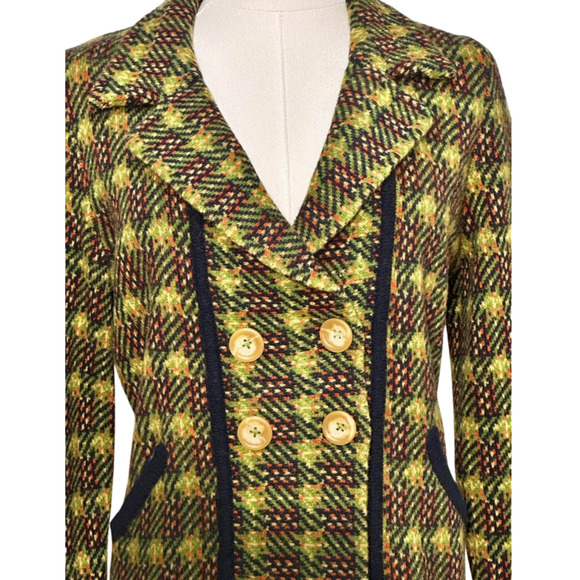 Sparrow Navy Blue Green Plaid 100% Wool Double Breasted Cardigan Blazer Medium - Picture 2 of 11